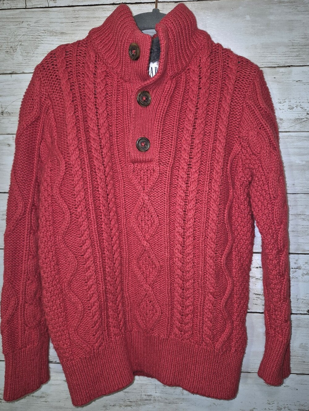 Gap Boys Red Cable-Knit Sweater-Sherpa Lined Button Funnel Neck Size XS(4/5)